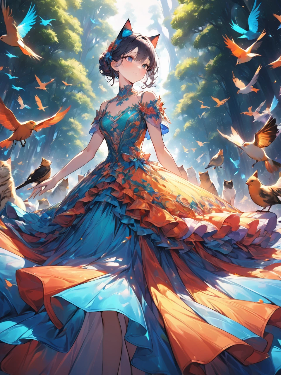 Highest quality, Highest quality, 16K, Unbelievably absurd, Very detailed, 2.5D, delicate and dynamic,Pure white background,Focus on the dress,Bright dress,saturated color,The dress features patterns of birds, cats and forests.,Fantasy dresses,art,art