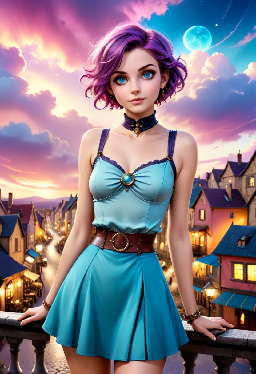 realistic, mesmerizing, modern analog photo, middle shot, photorealistic, (most detailed face, eyes), skyscape with clouds, nightfall, cute woman, small european town in 1910, short windblown skirt, soft steampunk aesthetic, short hair, smoke particles, halo, (bioluminescent:0.95), vibrant color details, dynamic, Intensed eyes, sexy, pleasure, wishmaster, depth of field, 35mm, film grain, raw photo, isometric, extremely detailed