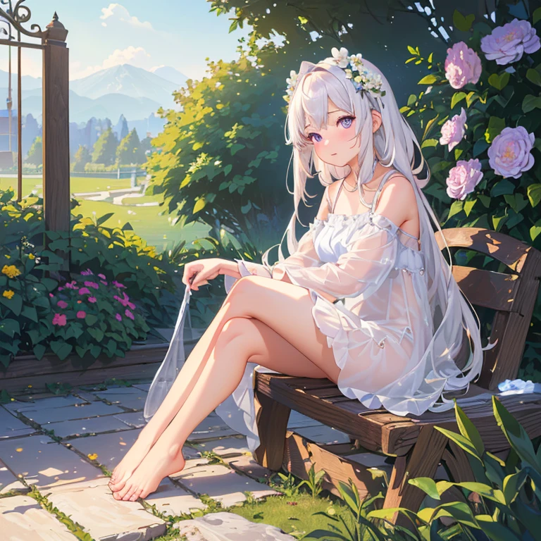 (best quality,4K,8K,high resolution,masterpiece:1.2),Very detailed,(Practical,photoPractical,photo-Practical:1.37),illustration,Soft Light,White hair girl,Deep purple eyes,Glowing eyes,sit down,barefoot,blush,Garden at night,Flowers.dew