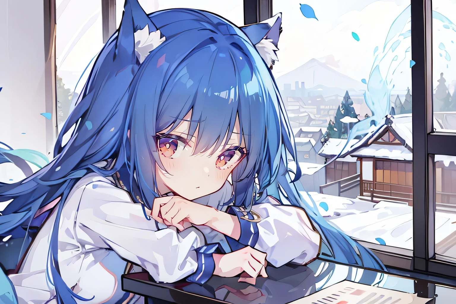 (Masterpiece:1.2)，Ultra-detailed，lifelike，The eyes are expressive，Fair skin，Perfect face shape，1 girl，Japanese Manga，Gorgeous blue hair，Flowing blue hair，Flowing clothes，Cat ears，Petals falling，Smile，Tokyo background，background，heavy snow，winter.Highest quality，perfect face，sitting on window sill drinking coffee and looking out the window.