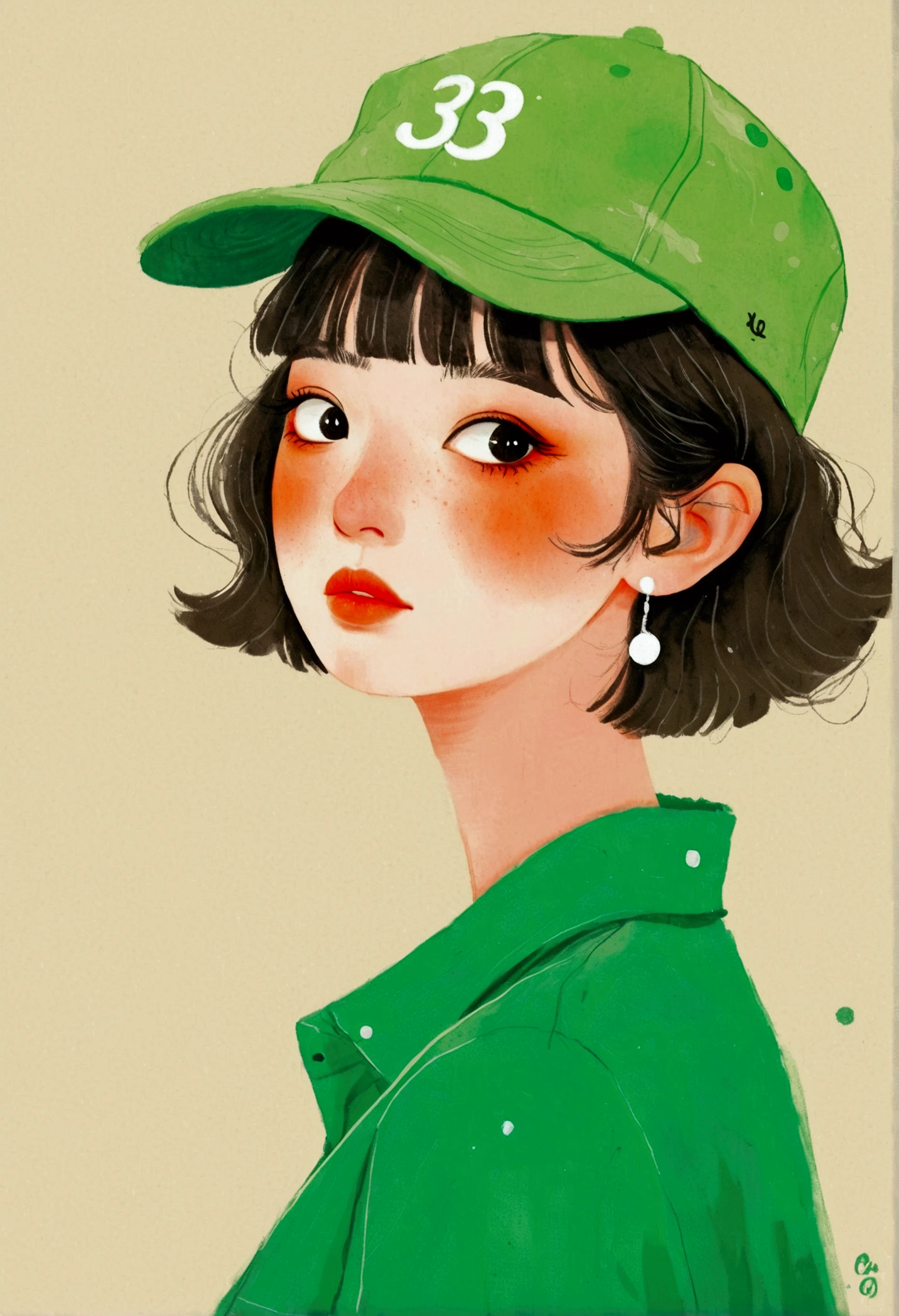 Wearing a green hat、Drawing of a girl wearing a green shirt, Choi Buk's numbers, tumblr, Pop surrealism, Lo-Fi Girl, Lovely art style, Shin Jin Hye Art, Color illustrations, Popular trends on artstration, Portrait of Lofy, guweiz style artwork, A beautiful artistic illustration, Cute digital art, Lovely and detailed digital art, Urban girl fan art