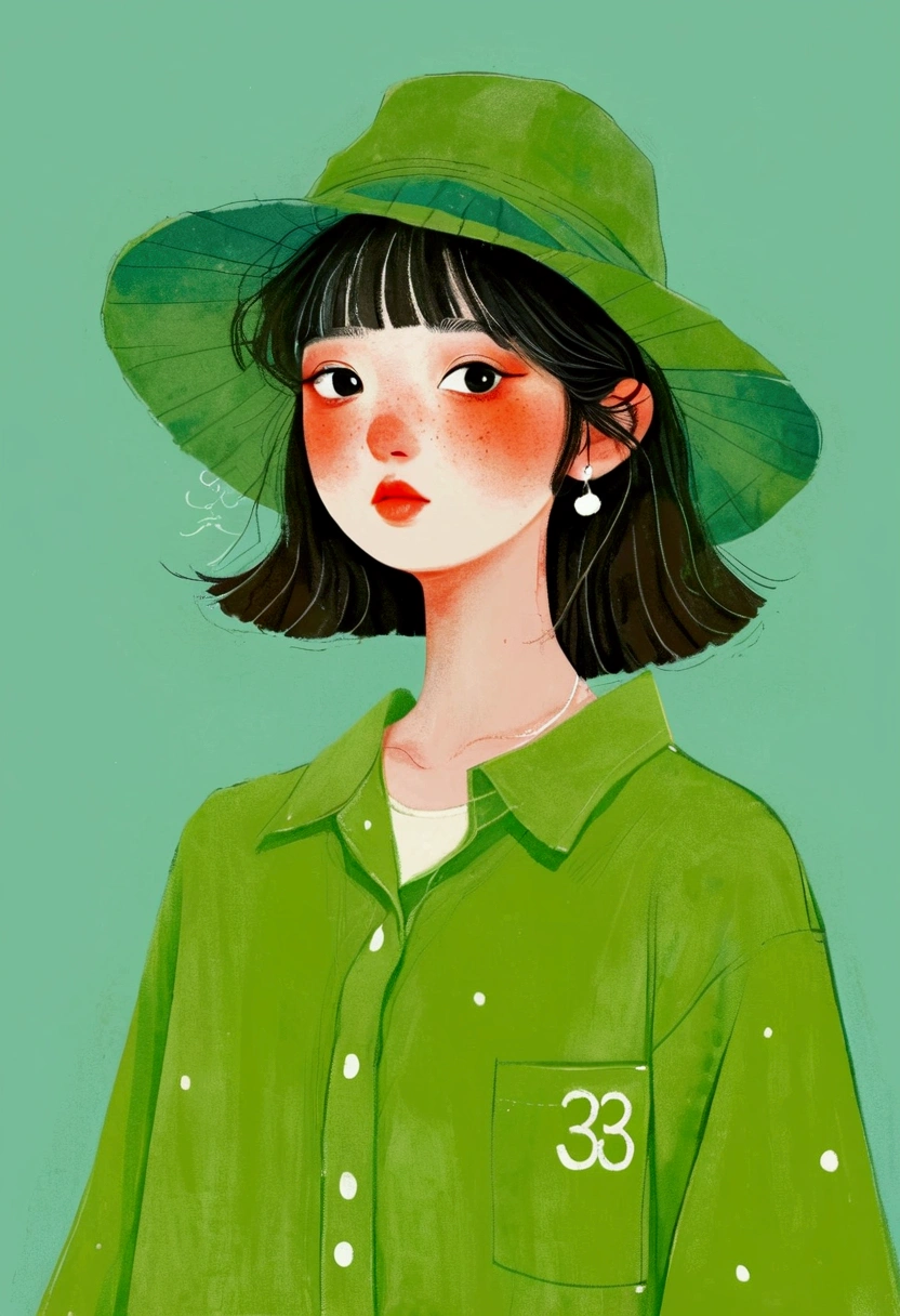 Wearing a green hat、Drawing of a girl wearing a green shirt, Choi Buk's numbers, tumblr, Pop surrealism, Lo-Fi Girl, Lovely art style, Shin Jin Hye Art, Color illustrations, Popular trends on artstration, Portrait of Lofy, guweiz style artwork, A beautiful artistic illustration, Cute digital art, Lovely and detailed digital art, Urban girl fan art