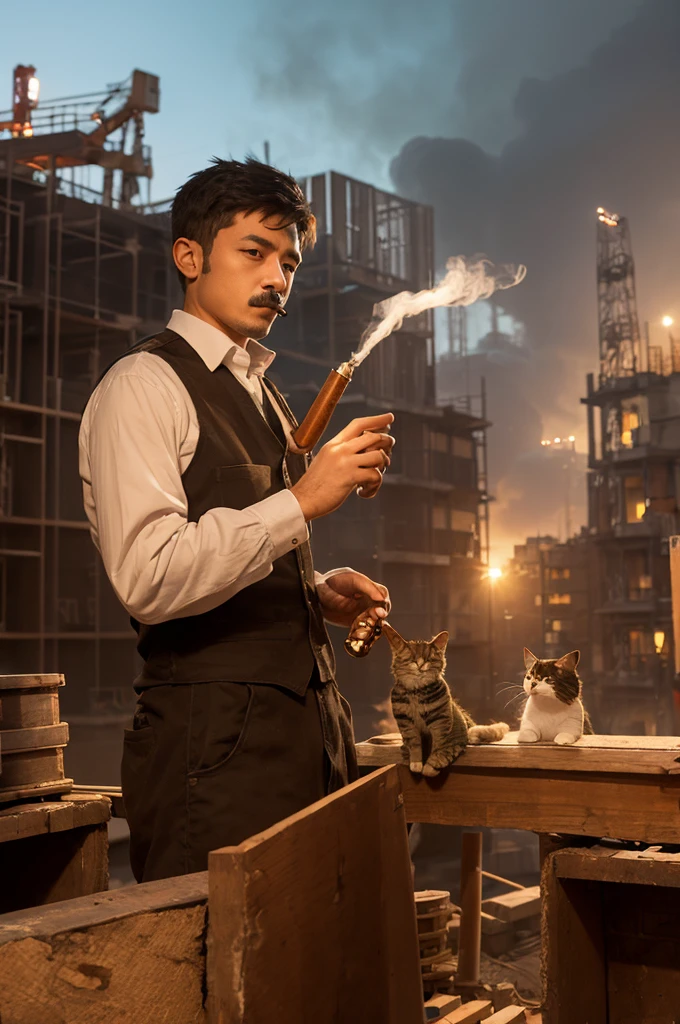 Cat carpenter master Smoking a pipe Background construction site