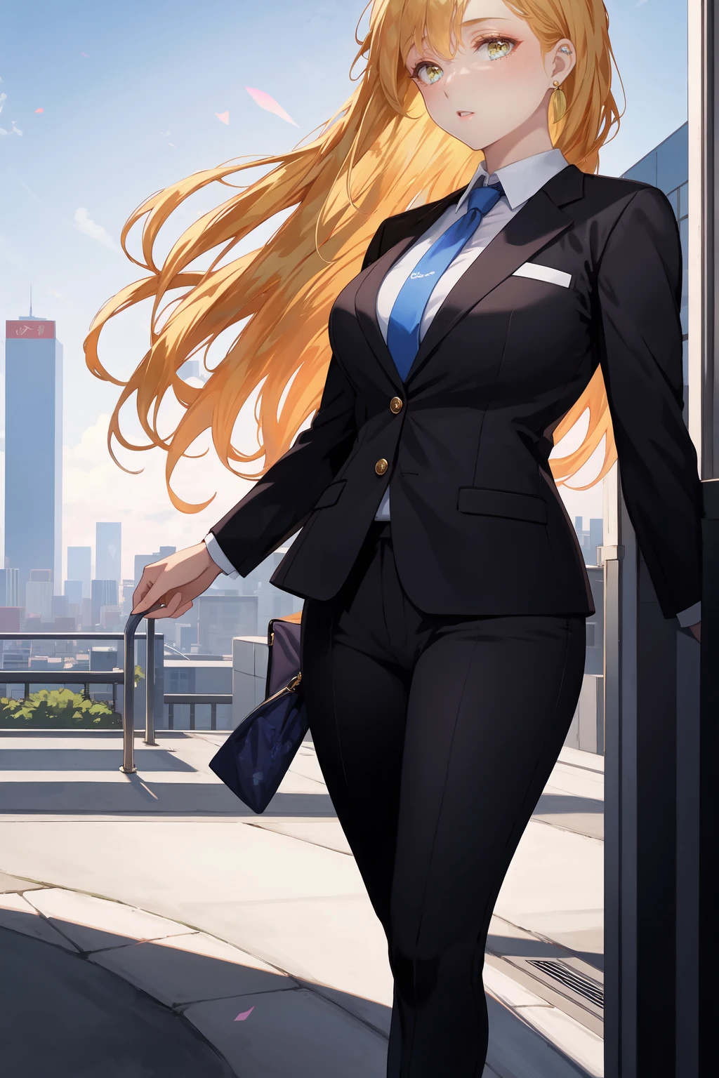 (8K, RAW photos, best quality, masterpiece: 1.2), (Practical, photoPractical: 1.37), 1 Woman in suit standing on the sidewalk, city View, sky, Sunny morning, Professional lighting, Photon Mapping, Radiosity, Brazilian woman, Tear, shirt, Woman in suit, Silk suit