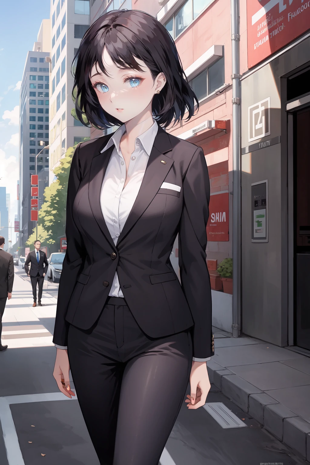 (8K, RAW photos, best quality, masterpiece: 1.2), (Practical, photoPractical: 1.37), 1 Woman in suit standing on the sidewalk, city View, sky, Sunny morning, Professional lighting, Photon Mapping, Radiosity, Brazilian woman, Tear, shirt, Woman in suit, Silk suit