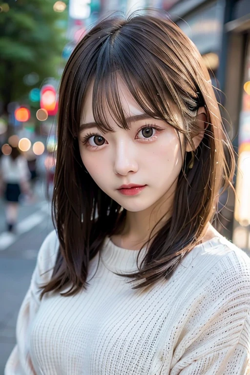 beautiful Japanese woman,double eyelid,clear skin,round face,long face,Swept bangs,in the tokyo,short by DSLR,Adoravle 18 years old,head shot,from front,long hair