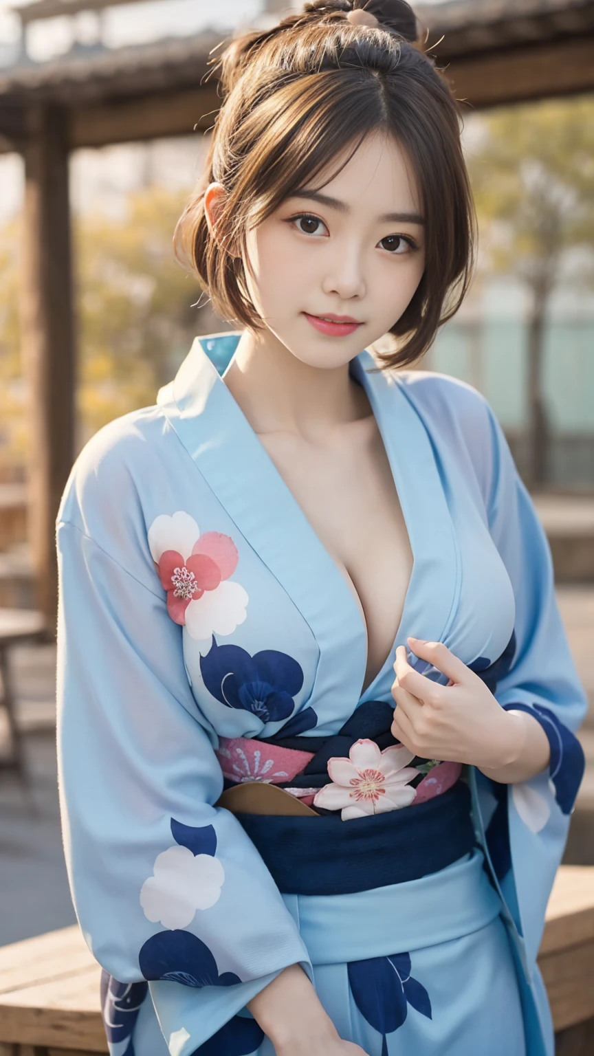 (8k、RAWphotograph、Highest quality、masterpiece:1.2),(Long Bob Cut),Looking at the audience,Viewed from the front,Sexy pose, strong,erotic,student,White skin,knees,Absurd,Small face,前hairを真ん中から分けます、The forehead is visible,(Be embarrassed,Squint your eyes,Glare,strong,skinny,skinny,Irritated)、masterpiece,Highest quality、Ultra-high resolution,One person, One personで,Close-up shot、cute、Return to student,(A clean blue-based floral yukata:1.5),high school girl,Japanese women,Are standing,(Photorealistic:1.37)、Photon Mapping,Realistic、cuteSmall face,Brown eyes、prospect、Written boundary depth、Blurred Background、photograph,girl、(前hairが見える), hair, kneesが見える,Light clothing,, thigh,Nogizaka Idol, actress、Big and ample breasts、Cleavage、Super Fine、Low people、(Skin with visible pores:1.2)、(Focus on the face)、Check and correct the garment construction