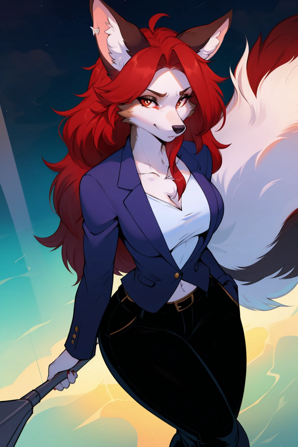 fox_girl,Beautiful figure,Height 193 cm,Long flowing red hair, close_up,(Fluffy anthropomorphic furry :1.6),curls,fur,Neck hair,Extremely fine fur,aldult, 33 years old, Mature, Solitary,red eyes,smelling,medium breasts,fox ears,Garters,formal,suit,looking at viewer,long hair,red hair,floating hair,blazer,pant suit,unbuttoned shirt,best quality,Amazing,masterpiece,delicate,ultra high res,ultra detailed,8k,good balance,sharp focus,permanent, Big body,Wide hips,Sexy thighs