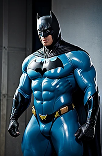 thick swollen muscular big batman bodybuilder in light blue and gray shiny latex full body suit, growth bump up chest. big buff packed create a Batman presenting tight latex pants bulge, wide chest, huge batman, huge muscles, very packed, buff chest, abs, big bicep, muscular blue Batman in latex, full body costume and has big erection bulge