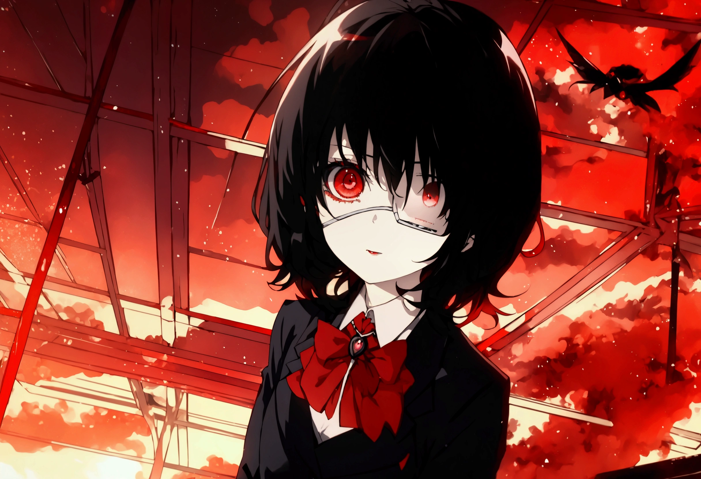 a close-up of a person in a suit and tie against the background of the sky, akane owari danganronpa, with bright red eyes, anime look of a beautiful girl, anime”, dark yandere gapmoe, with bright red eyes, by Jin Homura, anime portrait of shiina ringo, portrait dark yandere gapmoe, anime style