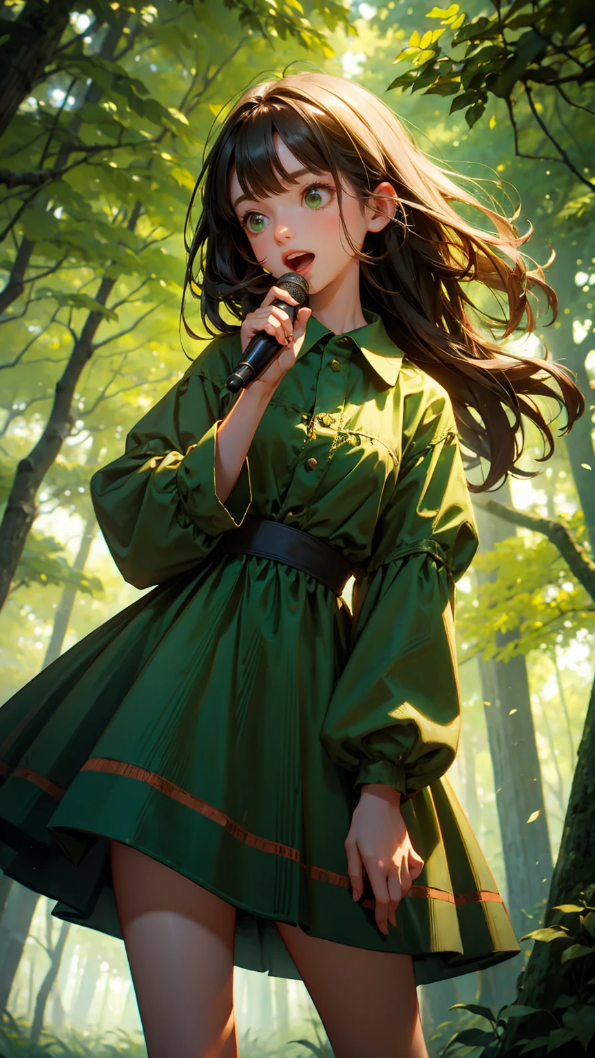 wooden dress cute girl, holding an audio mic and speaking into it with mouth wide open. The background is a forest scene with green leaves and trees