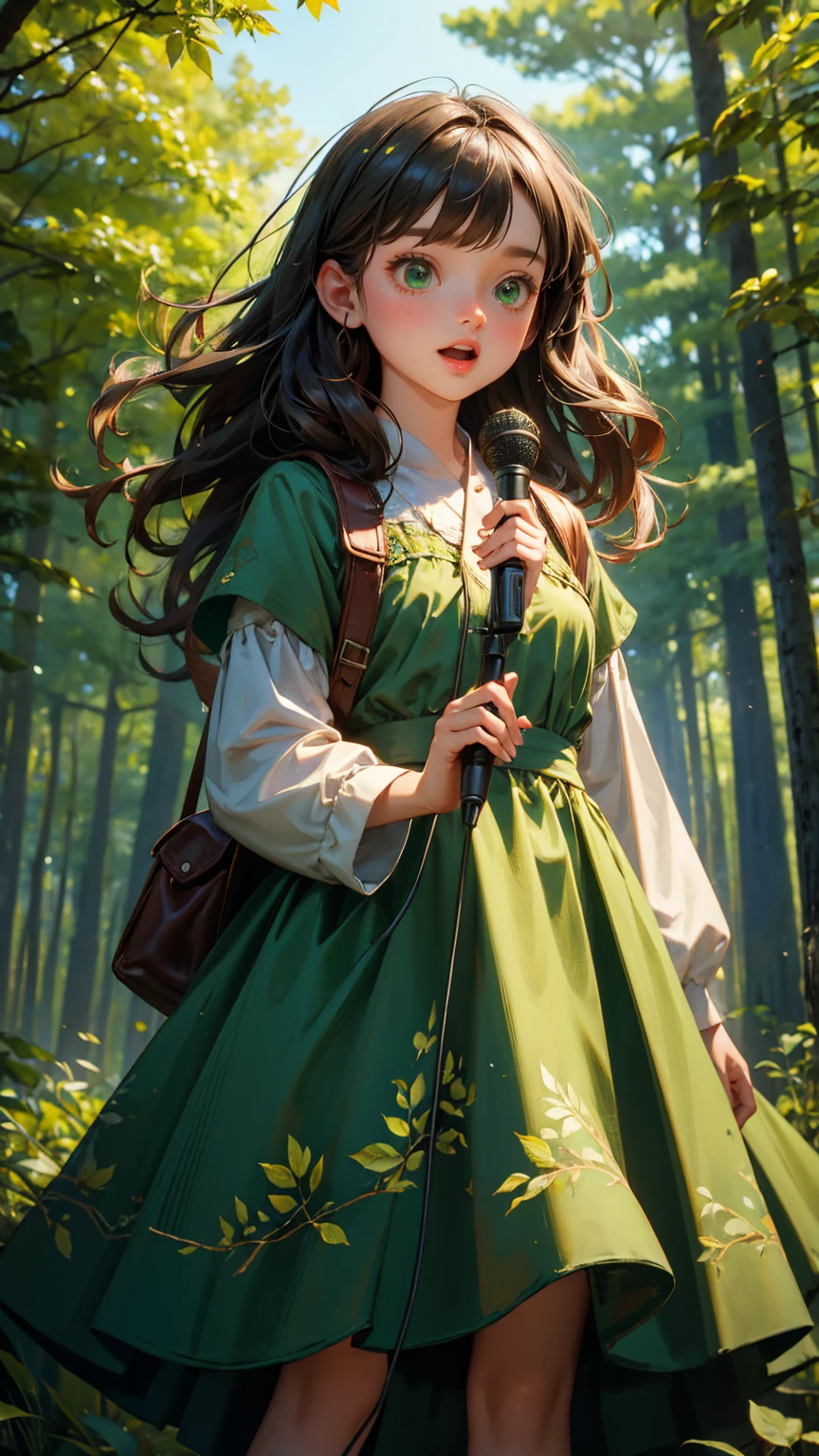 wooden dress cute girl, holding an audio mic and speaking into it with mouth wide open. The background is a forest scene with green leaves and trees