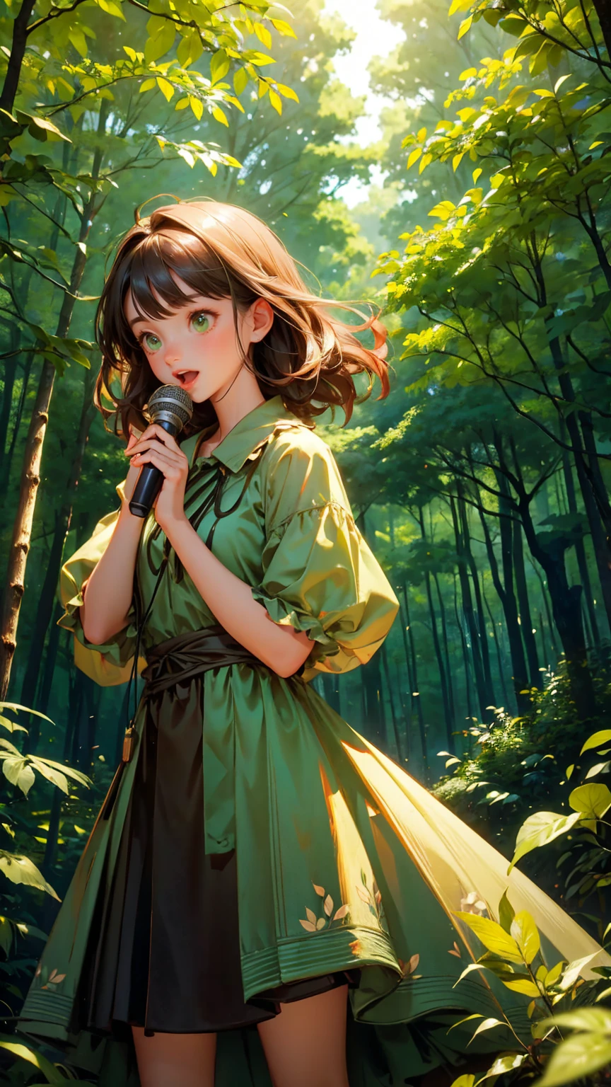 wooden dress cute girl, holding an audio mic and speaking into it with mouth wide open. The background is a forest scene with green leaves and trees