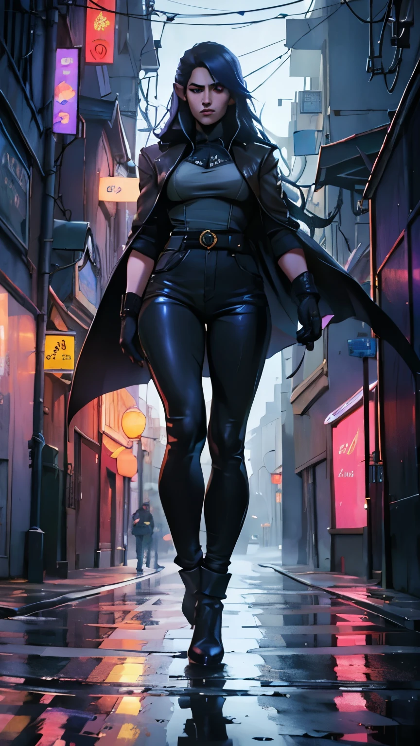 (best quality, highres, realistic:1.37), ultra-detailed, a woman wearing a long dark coat and tight pants, pointy ears, long autumn hair, red eyes, wearing fingerless leather gloves, with a mysterious aura [mysterious, enigmatic], standing in the middle of a dimly lit alleyway [dim lighting, shadows], surrounded by towering buildings [urban setting], with raindrops gently falling on the ground [rainy atmosphere, wet pavement], reflecting the city lights [vivid colors]. The woman's coat is made of luxurious velvet material [velvet texture], and her gloves have intricate patterns embossed on them [detailed textures]. The scene exudes a sense of mystery and anticipation, as if the woman is waiting for something [suspense]. The lighting casts dramatic shadows on the woman's face, highlighting her captivating eyes [dramatic lighting, captivating gaze]. The overall color tone of the image is cool, with shades of dark blue and purple [cool color palette].