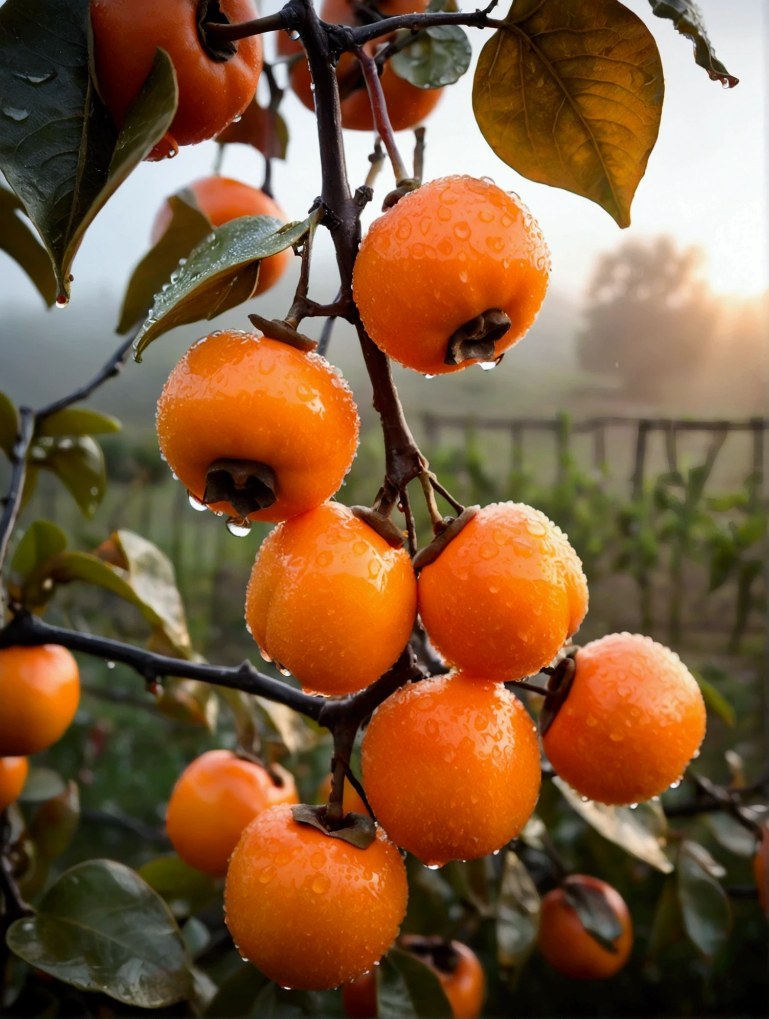 Small persimmons hanging on the persimmon tree are covered with water drops,Background misty sunset,Real photography,Picture life,Real and natural,best quality, high resolution,masterpiece,High Detail