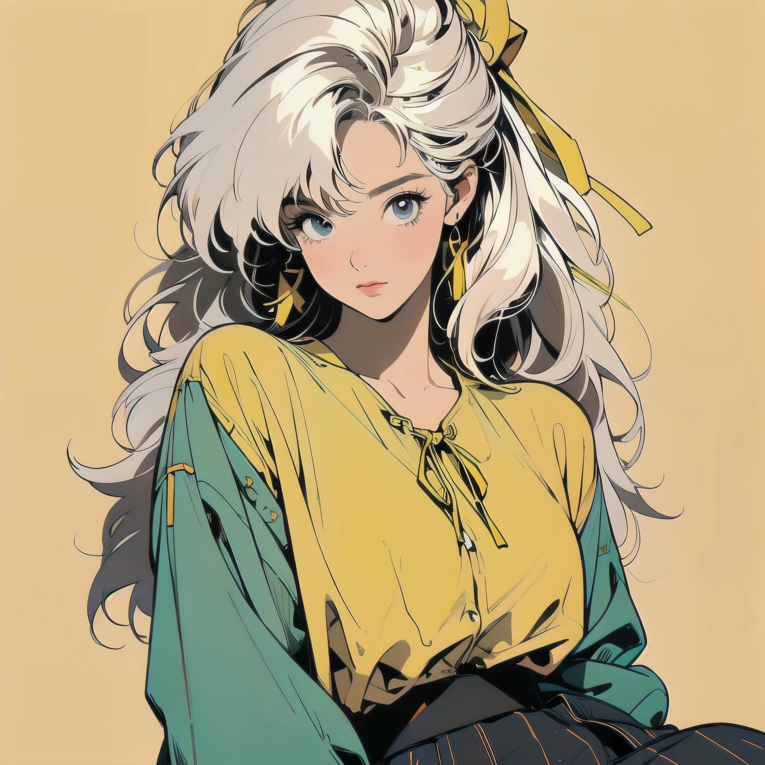 whole body, Upper Body, Messy room, Apartment, 1 girl, 4K, Warm colors , Gentle expression , skirt, blouse、Faint lighting、Detailed Hair、Perfect Face、80s fashion、retro color、Highest quality、Simple and abstract background、sunset、White Hair、anime、(((Yellow ribbon)))