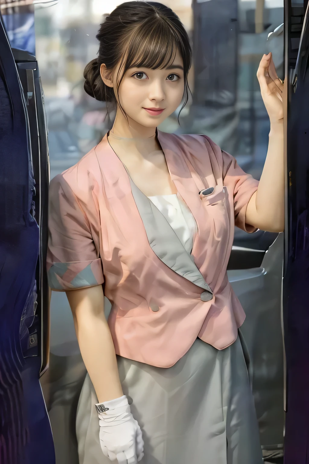 (masterpiece:1.2, Highest quality:1.2), 32k HDR, High resolution, (alone、1 girl)、（On the roof of a building in the daytime、Professional Lighting）、Building rooftop background、（Nankai train crew uniform pinkを着たリアルスタイル）、（Nankai Railway crew uniform, pink, short sleeve, collarless, pink jacket、No-collar short-sleeve blouse、Grey knee-length culottes）、（（The bottom of the pink short-sleeved jacket cannot be tucked into the clay-colored culottes..））、Dark brown hair、（Hair tied up、Bun Hair）、Dark brown hair、Long Shot、Big Breasts、Thin legs、（（Great hands：2.0）），（（Harmonious body proportions：1.5）），（（Normal limbs：2.0）），（（Normal finger：2.0）），（（Delicate eyes：2.0）），（（Normal eyes：2.0））)、smile、（A beautiful figure showing off the Nankai Railway crew uniform）、Bring your hands down