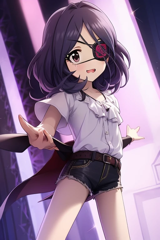 Hayasaka Mirei,purple hair,multicolored hair,fang,brown eyes,short hair,eyepatch,white shirt,Denim shorts,shorts rolled,belt