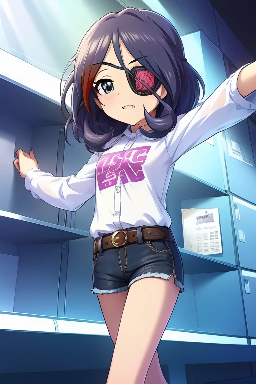 Hayasaka Mirei,purple hair,multicolored hair,fang,brown eyes,short hair,eyepatch,white shirt,Denim shorts,shorts rolled,belt