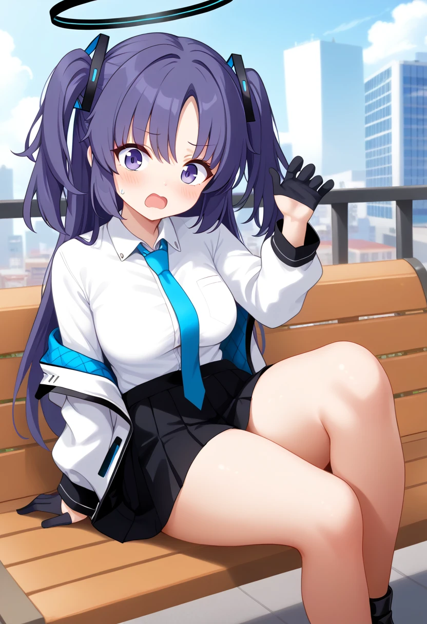 score_9, 1girl, solo, yuuka \(blue archive\), blue archive, halo, purple eyes, purple hair, long hair, two side up, thick thighs, medium breasts, yuuka-default, necktie, blue necktie, shirt, (white shirt:1.2), collared shirt, long sleeves, half gloves, skirt, black skirt, pleated skirt, miniskirt, bare legs, sitting, looking at viewer, blush, surprised, :o, open mouth, outdoors, city, day, bench, on bench 