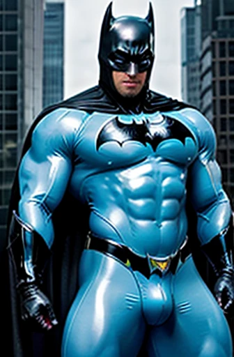 Bulge tight erection thick swollen muscular big batman bodybuilder in light blue and gray shiny latex full body suit, growth bump up chest. big buff packed create a Batman presenting tight latex pants bulge, wide chest, huge batman, huge muscles, very packed, buff chest, abs, big bicep, muscular blue Batman in latex, full body costume and has big erection bulge