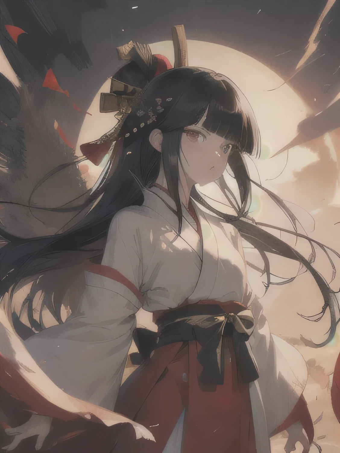 (Fantasy Illustration:1.5), (alone:1.2), (anime,8k,masterpiece, Highest quality, Highest quality,beautifully、aesthetic:1.2,Professional illustrations:1.1,Super detailed:1.3,Perfect lighting), Very detailed, Most detailed, Incredibly absurd, High resolution, Super detaileded, Complex:1.6, (girl), Very exquisite beautiful face and eyes, Beautiful Hair, Bob Hair, Blunt bangs, (Black Hair:1.4), (Red ribbon in the back of the hair:1.2), ( Samurai Spirits Nakoruru Costume:1.2), Guess the skin, (Abstract:1.2), cute, Rise Up, (Small stature,Mid-chest), Speed, Dagger Master,