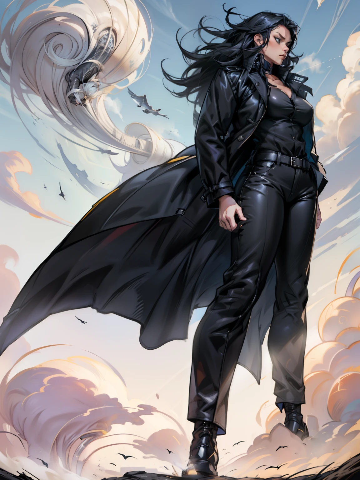 Female 40 Years old, Serious face, pointy ears, wearing high collar long trench coat, ((black shirt)), black pants, high cut boots, levitate on sky, cloud
