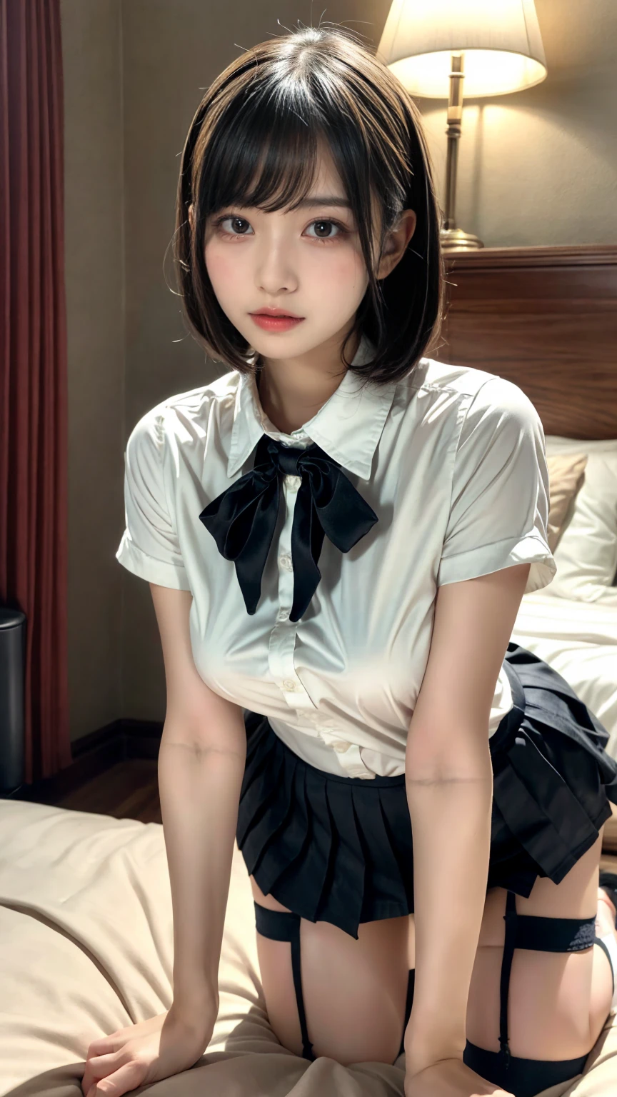 masterpiece, best quality, illustration, Super detailed, fine details, High resolution, 8K,wall paper, perfect dynamic composition,(Details High quality, realistic depiction of eyes:1.3), (collared shirt:1.1), pleated skirt, knee high socks, large breasts, short bob hair, black hair color, Big Natural Color Lip, (perfect body shape), crying a little、Harajuku style、20 year old girl、cute type、ta、beautiful legs, hotel room, Gravure Idol, Voluptuous thighs, large hip, getting pounded from behind, on all fours