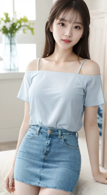 Beautiful and charming women in fashion trends, A beautiful Chinese girl who is gentle and cute., big breasts, Delicate sexy collarbone, The goose egg face is charming., Double eyelids, Flexible peach blossom eyes, pink lips, small upturned nose, bare shoulders, focused face, face close up, Ultra-high resolution, Superb details, full body photo, Ultra-thin translucent, With a light blue jeans skirt paired with a beige T-shirt., Gentle, light-colored sex with beautiful white skin., Outstanding character, in addition、The combination of all matching elastics is very revealing as well., clearly visible,