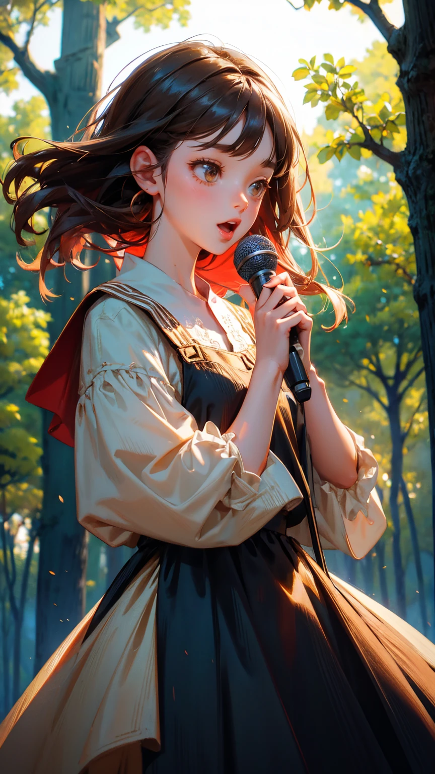 wooden dress cute girl, holding an audio mic and speaking into it with mouth wide open, trees in the background,