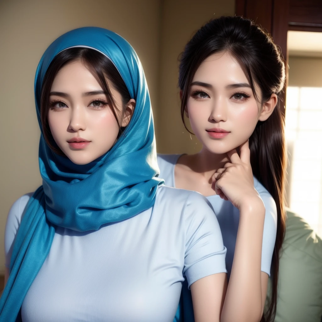 arafed woman wearing a blue hijab and a white shirt, a colorized photo inspired by Leng Mei, trending on cg society, hurufiyya, beautiful south korean woman, korean woman, korean girl, beautiful oriental woman, hijab, beautiful young korean woman, very attractive and beautiful, beautiful asian girl, attractive and beautiful, gorgeous young korean woman, beautiful arab woman