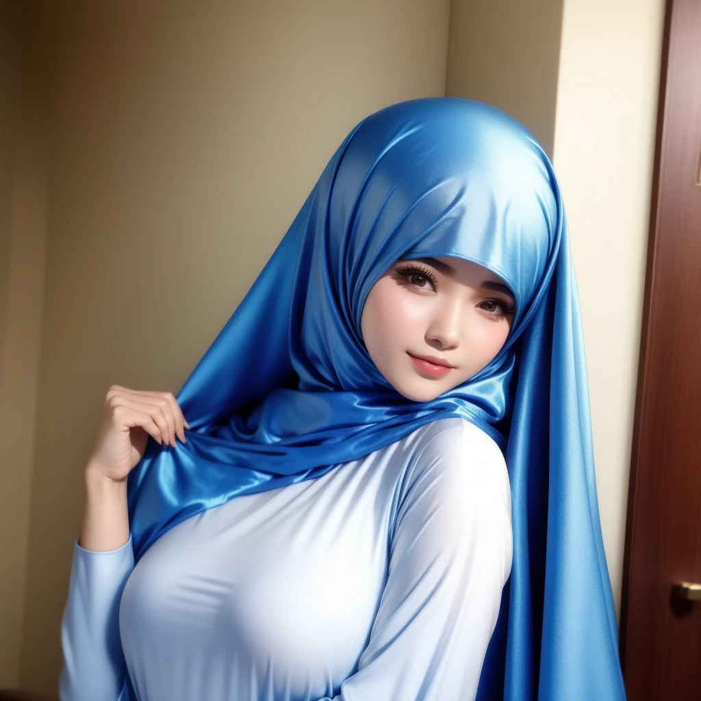 arafed woman wearing a blue hijab and a white shirt, a colorized photo inspired by Leng Mei, trending on cg society, hurufiyya, beautiful south korean woman, korean woman, korean girl, beautiful oriental woman, hijab, beautiful young korean woman, very attractive and beautiful, beautiful asian girl, attractive and beautiful, gorgeous young korean woman, beautiful arab woman