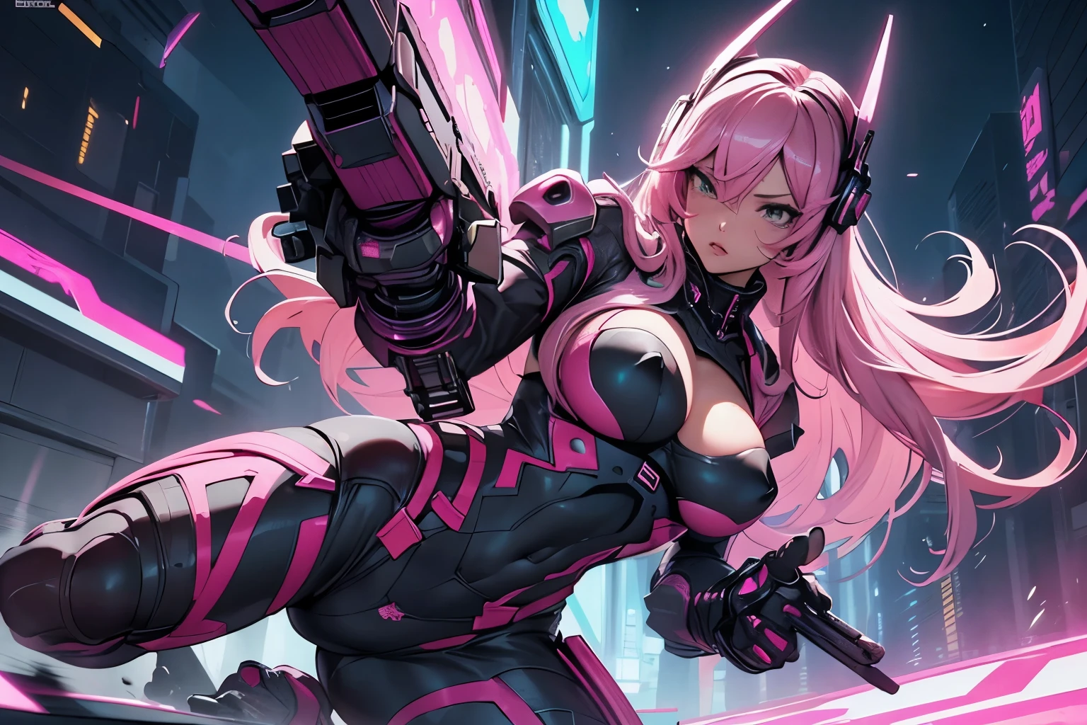 Pink Long Hair、cyber punk、Pink tight high leg suit、Huge breasts、Cleavage、Underideboob、Camel toe、Absolute area、Embarrassing、Battle action、NSFW、Shooting from below、夜のcyber punkシティ、Large machine guns in both hands