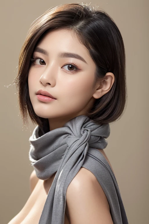 beautiful and attractive, 23-year-old Thai girl, 162-centimeter height, natural-ivory skin tone, (rounded-face), little-eyes, black eyes, (((korean monolid-eyes))), (clear-detailed eyes), centered-focus eyes, natural-gloss full-lips, (straight shoulder-length bob haircut), ((gray and silver highlights on black hair)), (clear-detailed hairs), ((naked small-breasts)), hourglass-slim figure, narrow shoulders, long neck, slim waist, rich-detailed skin texture, skin detention, white crop-tops, high-waist blue skinny-denim, Cartier’s rose-gold love necklace, (clear rich-detailed necklace), (((too tight Parisian-scarf with a big-knot scarf tightly strangle neck and long-tail scarf behind back))), ((rich-detailed scarf texture)), (((linen-cotton ribbed beige-color scarf with scarf-knot and tail))), look up to viewer, best highly-details and quality, 8k, HD photo