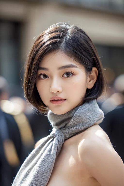 beautiful and attractive, 23-year-old Thai girl, 162-centimeter height, natural-ivory skin tone, (rounded-face), little-eyes, black eyes, (((korean monolid-eyes))), (clear-detailed eyes), centered-focus eyes, natural-gloss full-lips, (straight shoulder-length bob haircut), ((gray and silver highlights on black hair)), (clear-detailed hairs), ((naked small-breasts)), hourglass-slim figure, narrow shoulders, long neck, slim waist, rich-detailed skin texture, skin detention, white crop-tops, high-waist blue skinny-denim, Cartier’s rose-gold love necklace, (clear rich-detailed necklace), (((too tight Parisian-scarf with a big-knot scarf tightly strangle neck and long-tail scarf behind back))), ((rich-detailed scarf texture)), (((linen-cotton ribbed beige-color scarf with scarf-knot and tail))), look up to viewer, best highly-details and quality, 8k, HD photo