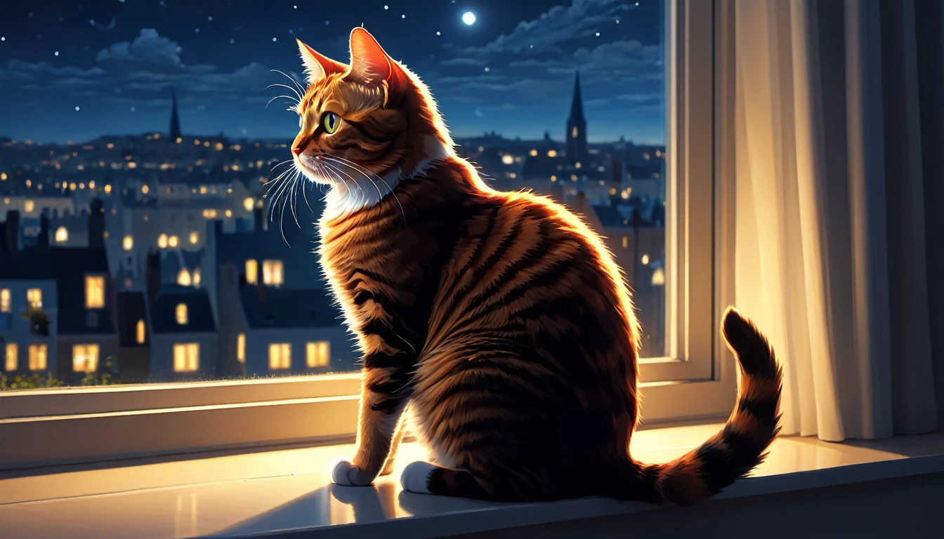 high quality, 最high quality, High resolution, masterpiece, 最高masterpiece, 8k, 16K, An illustration, night, Cat sitting by the window looking outside
