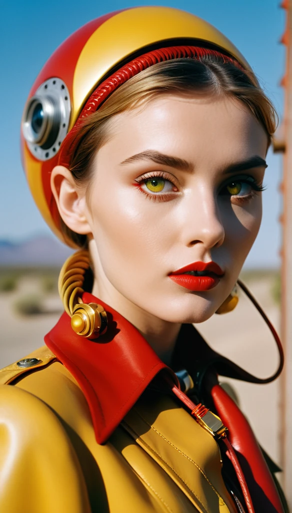 Photojournalism photo, shot on Kodak Ektar 100, Natural Light, using a Sony A7R IV, Anamorphic lens, Medium Shot angle, in the style of Helmut Newton, in a Nostalgic atmosphere, humanoid, gears, golden and red, big eyes, yellow cable, sleek and polished, bokeh, depth of field, ancient but futururistic, desert,