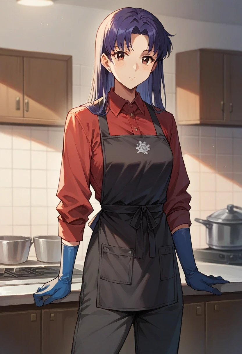 1girl, misato katsuragi, ((blue half elbow gloves)), (red shirt), ((long sleeves)), (black apron), (pants), looking at viewer, standing, solo