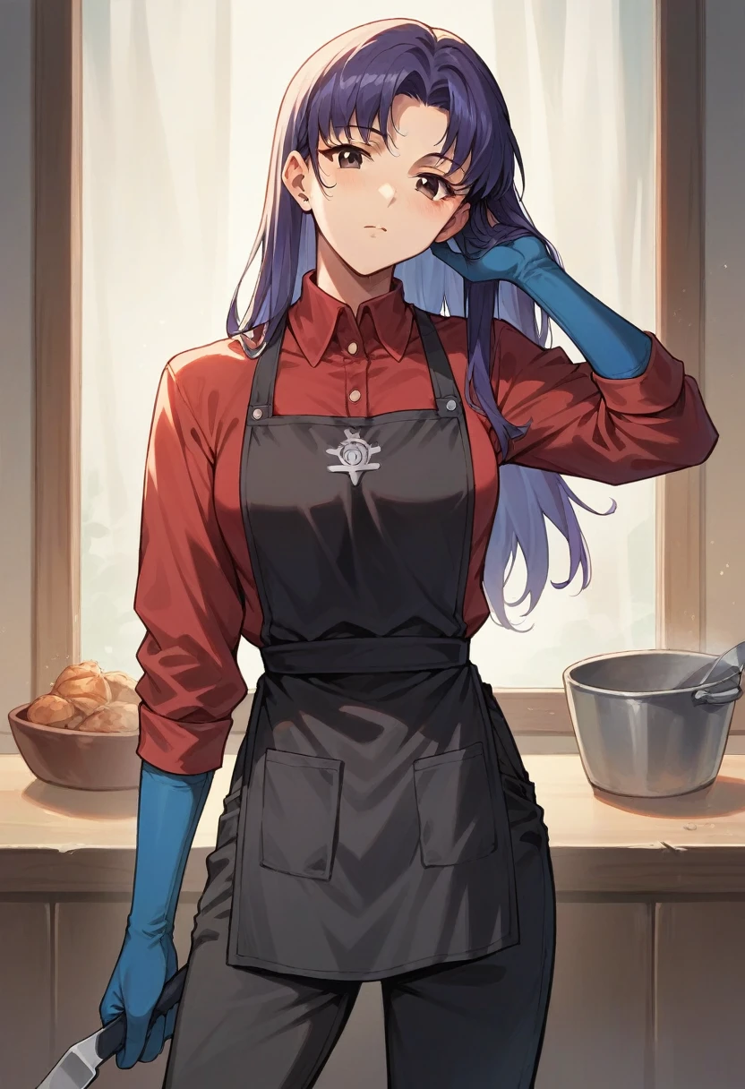 1girl, misato katsuragi, ((blue half elbow gloves)), (red shirt), ((long sleeves)), (black apron), (pants), looking at viewer, standing, solo