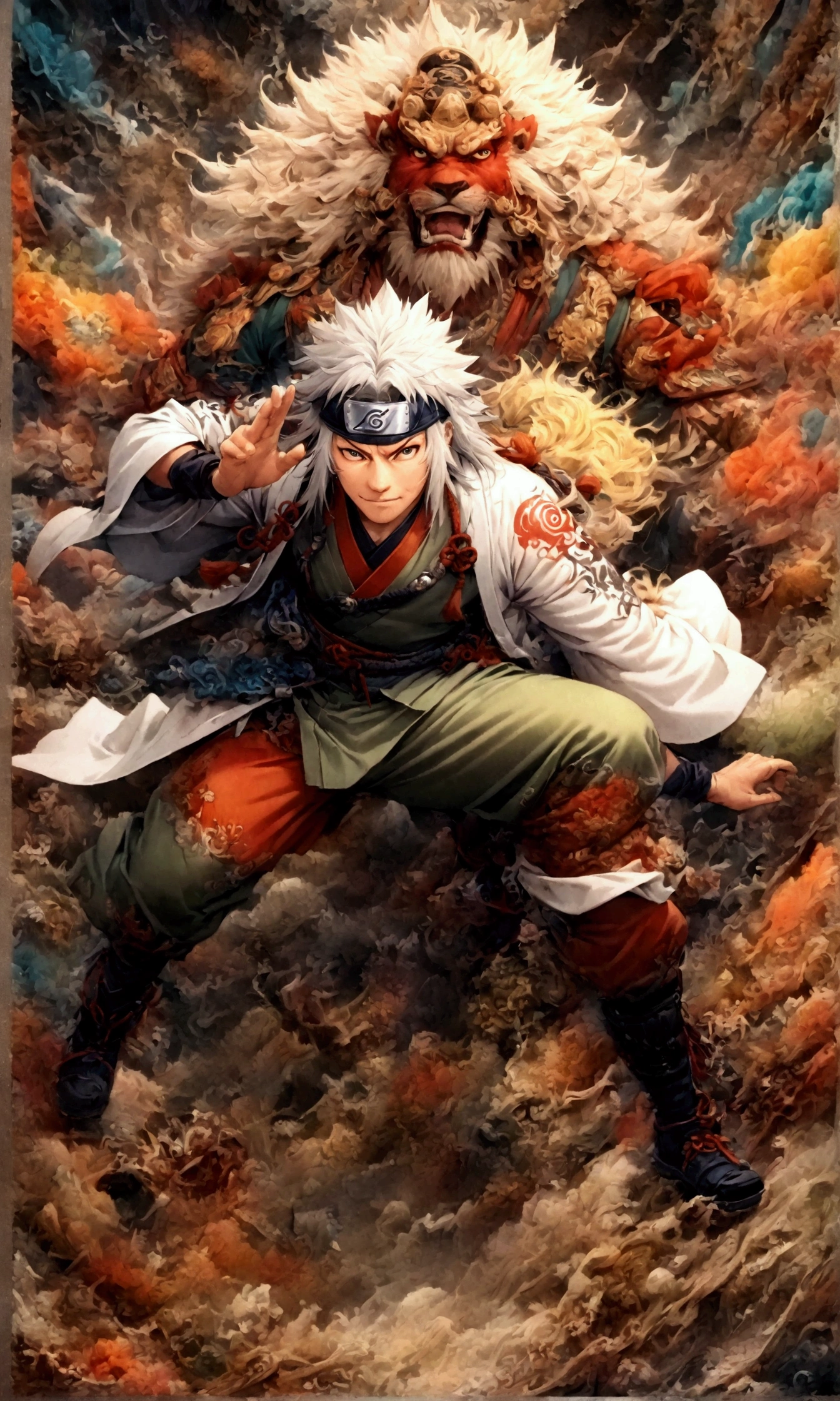 (1 middle-aged male,Jiraiya,Green kimono,white haori),alone,comics『naruto』character,,use ninjutsu,Fighting Style,Sarcastic smile,Ninjutsu Effects,Enjoy the fight,Moderately dirty,,tattoo,Forehead protector,Digital Art,An illustration,Intricate details,Intricate details,Wide range of colors,artwork,rendering,,(Highest quality:1.4),(Very detailed:1.5),High resolution,Very detailed,unity 8k wallpaper,Draw artistic background,Yin and Yang,Five elements,Ninjutsu,