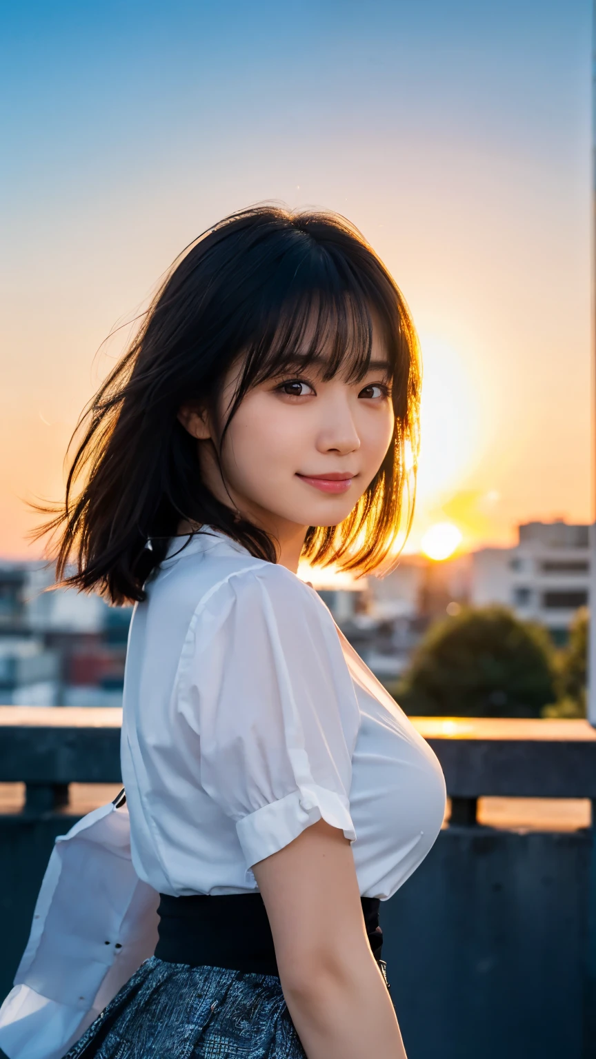 (Highest quality,masterpiece:1.3,Ultra-high resolution),(Very detailed,Caustics,8k),(Realistic:1.4,RAW shooting),Japanese,23 years old,cute,Put your finger on your lips,Are standing,(Big smile),(Looking into the camera),Black Hair Medium Hair,Big Breasts,White blouse,Knee-length skirt,Strong winds,Hair blowing in the wind,rooftop,Backlight,sunset,sunset sky,(Bust up shot),(Face Focus:1.1),(Face close-up:1.1),Low position,Low - Angle,Natural light
