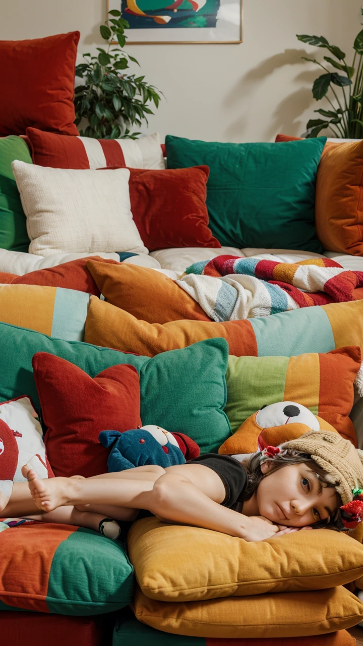 Toys sitting on a sofa with a red, green and blue pillow behind