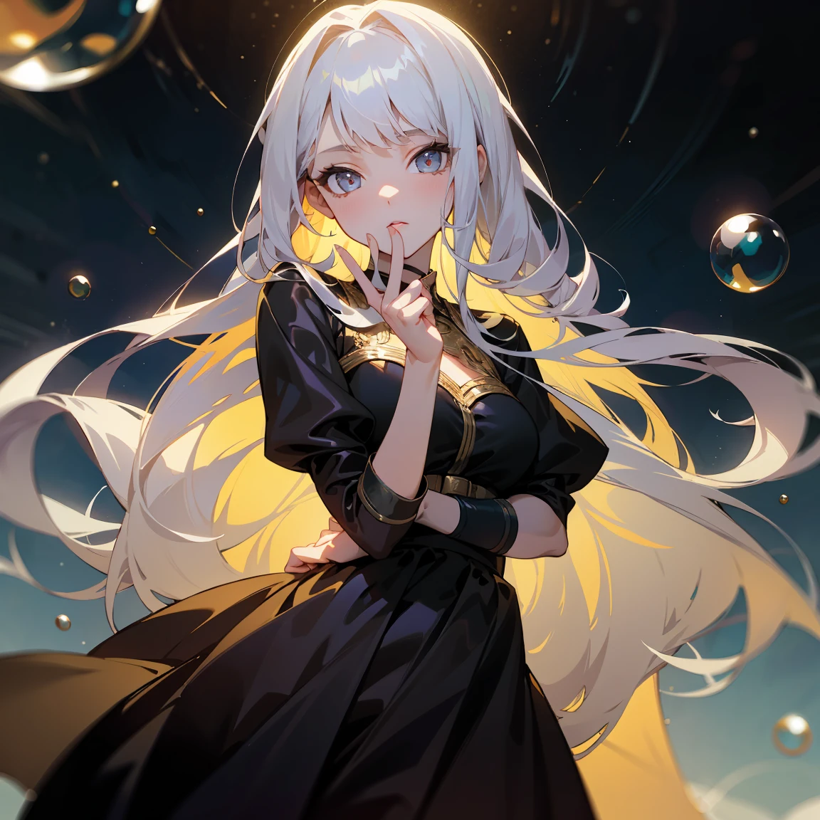 1 adult, masterpiece, best quality, woman, look at the viewer, ((she touching a bubble)), in the universe, with a black dress, golden details, ((looking pretty)), ((very confident)), white hair, silver eyes, long straight hair, many bubbles around, beautiful body, self-confident, powerful, epic, bubbles falling