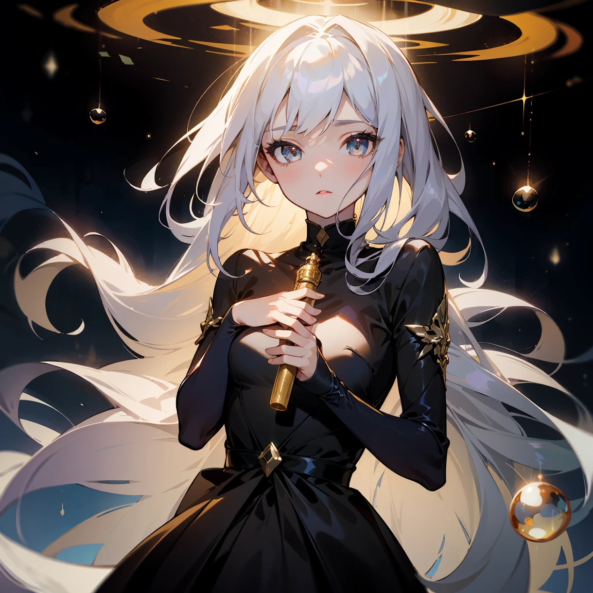 1 adult, masterpiece, best quality, woman, look at the viewer, ((she touching a bubble)), in the universe, with a black dress, golden details, ((looking pretty)), ((very confident)), white hair, silver eyes, long straight hair, many bubbles around, beautiful body, self-confident, powerful, epic, bubbles falling, conceptual art, goddess, divine light from heaven