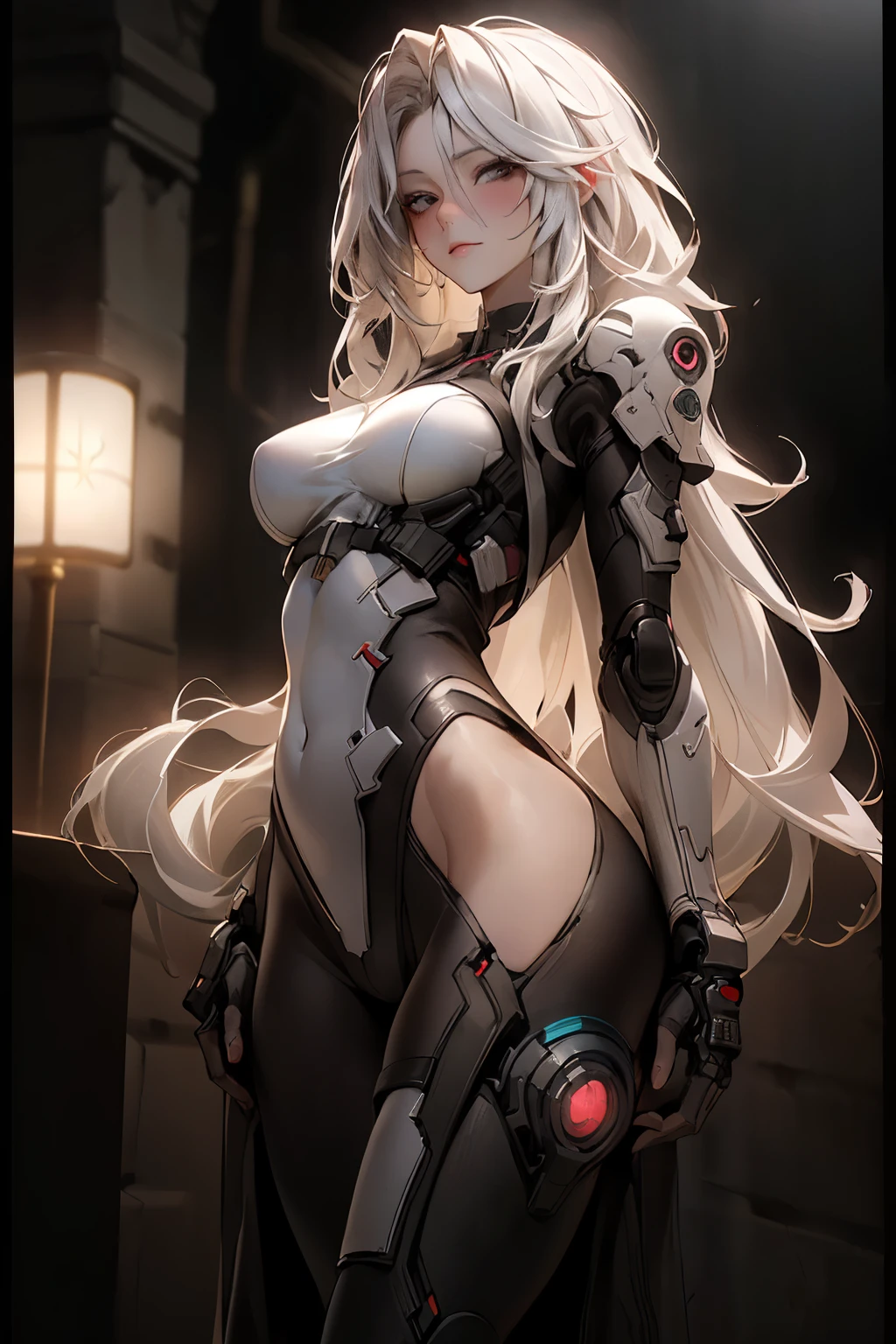 ((best quality)), ((Masterpiece)), (details:1.4), 3d, Image of a beautiful cyberpunk woman., HDR (high dynamic range), mature woman, Long hair, white hair, black eyes, white armor, PBR surface, After processing, Anisotropic filtration,depth of field, Maximum clarity and clarity, multi-layered surface, perfect proportions, 8K raw files, cyberpunk, at night, ผมหลายชั้น, กระโปรงสั้น, natural lighting, soft lighting, sunlight, หน้าอกใหญ่, hips up, night life