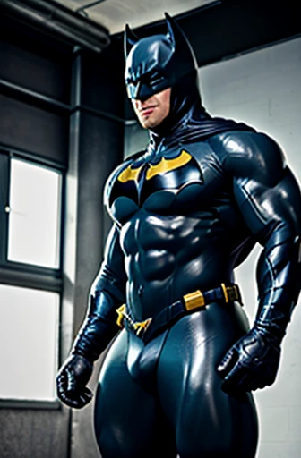 Batman touching other Batman małe thick swollen muscular big batman bodybuilder in light blue and gray shiny latex full body suit, growth bump up chest. big buff packed create a Batman presenting tight latex pants bulge, wide chest, huge batman, huge muscles, very packed, buff chest, abs, big bicep, muscular blue Batman in latex, full body costume and has big erection bulge