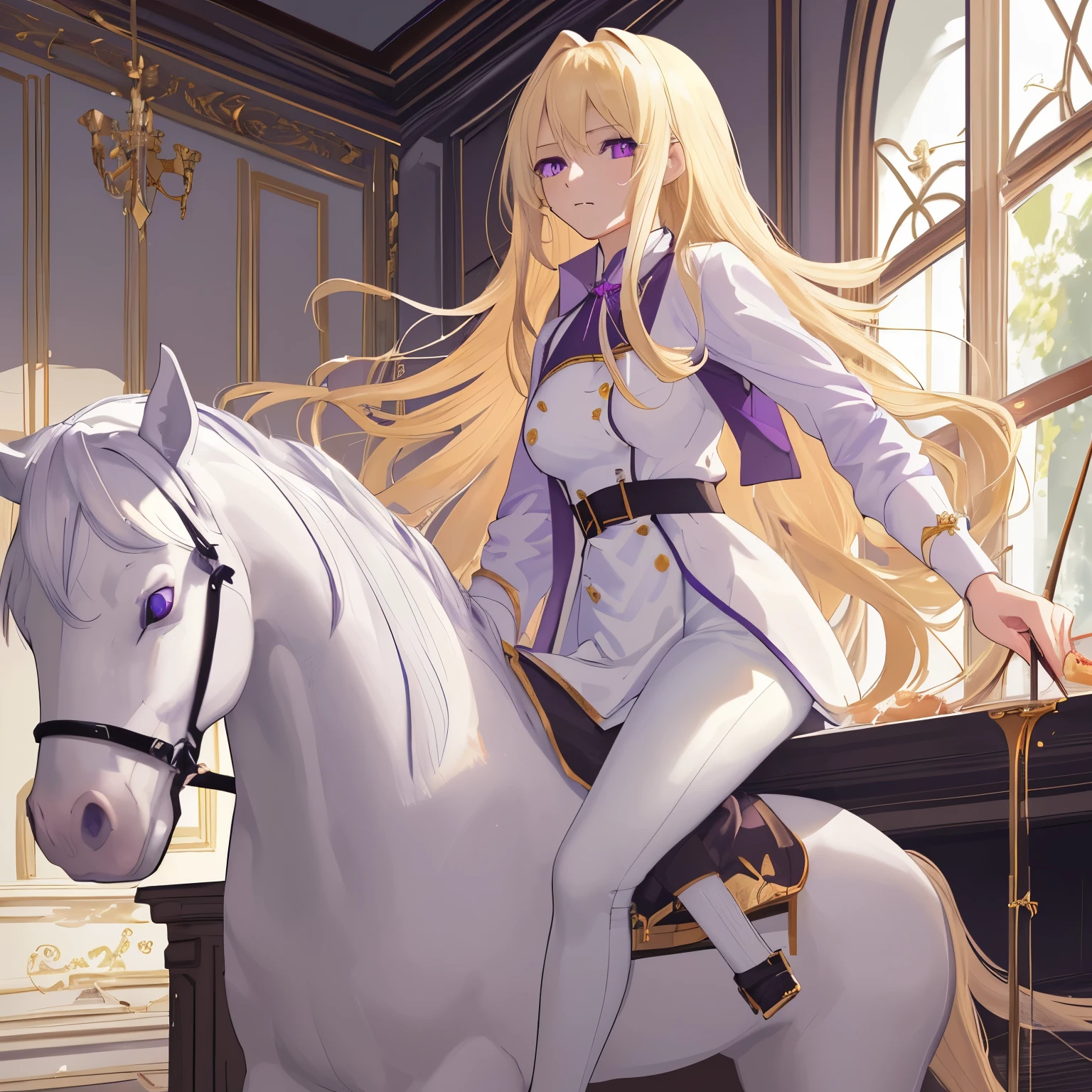 high resolution, masterpiece, I admit that Alina, Halberd-Eating Horse, blond, Solitary, 1 Girl, Lovely, Delicate eyes, Long hair, Purple Eyes, Chef uniform, White jacket, White pants