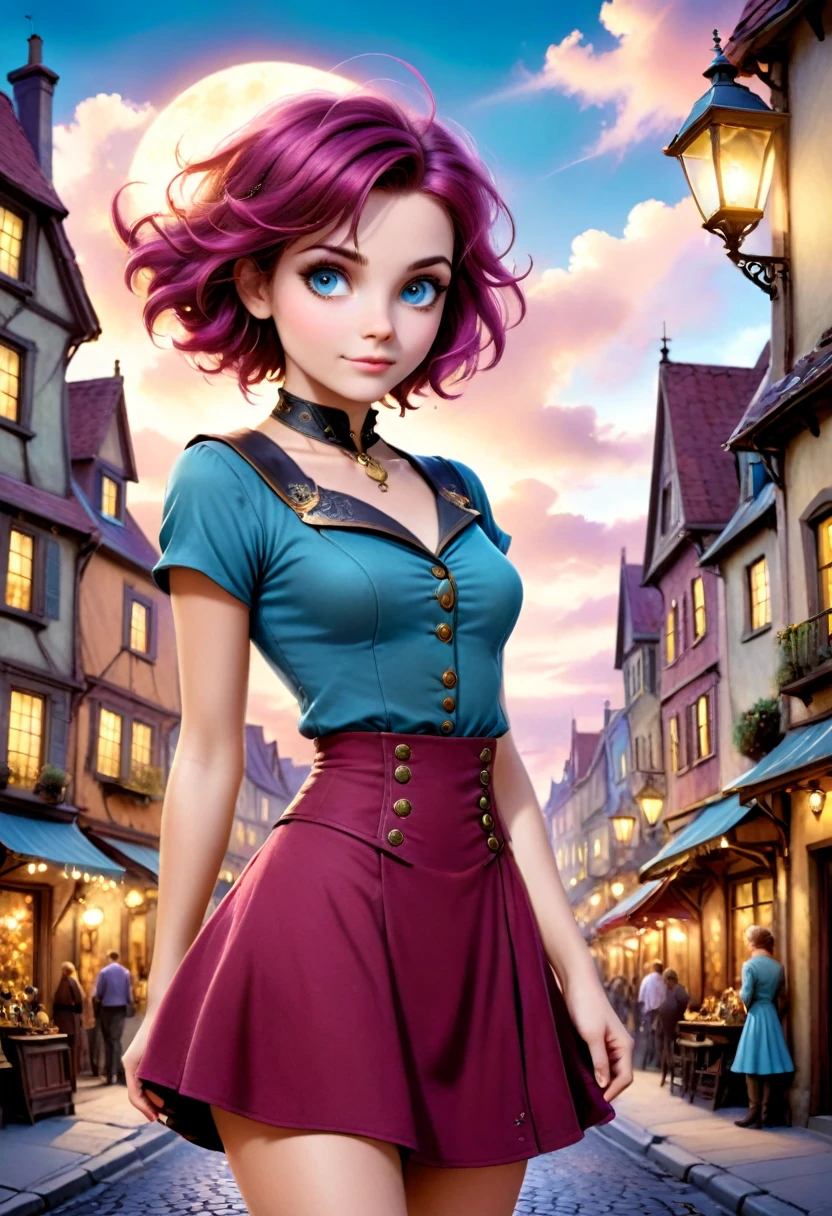 realistic, mesmerizing, modern analog photo, middle shot, photorealistic, (most detailed face, eyes), skyscape with clouds, nightfall, cute woman, small european town in 1910, short windblown skirt, soft steampunk aesthetic, short hair, smoke particles, halo, (bioluminescent:0.95), vibrant color details, dynamic, Intensed eyes, sexy, pleasure, wishmaster, depth of field, 35mm, film grain, raw photo, isometric, extremely detailed