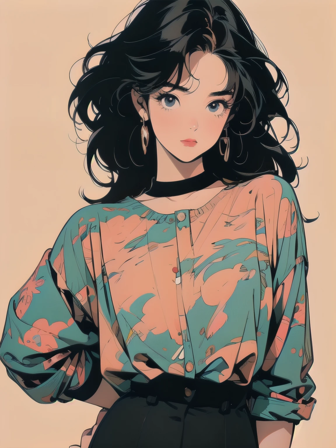 whole body, Upper Body, Messy room, Apartment, 1 girl, 4K, Warm colors , Gentle expression , skirt, blouse、Faint lighting、Detailed Hair、Perfect Face、80s fashion、retro color、Highest quality、Detailed Background、Simple and abstract background、sunset、Black Hair、anime、(((Model pose)))