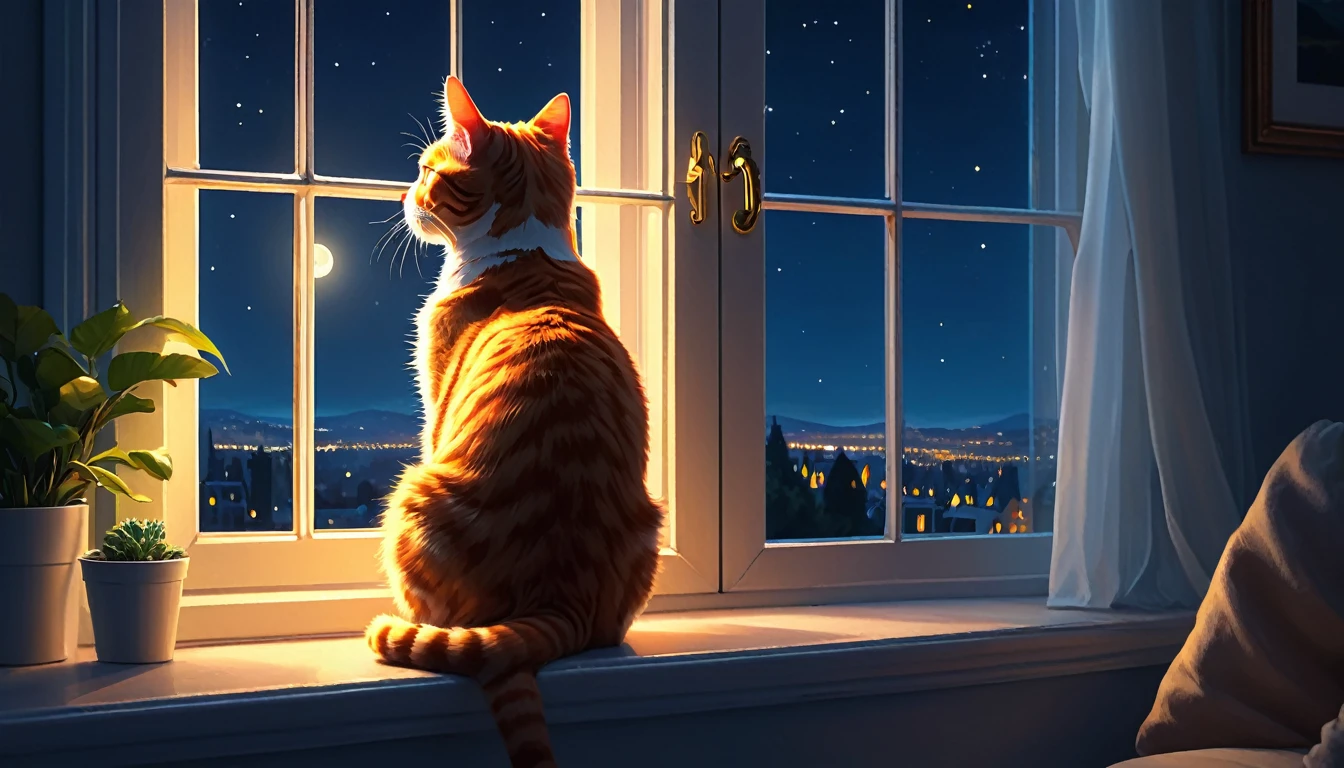 high quality, 最high quality, High resolution, masterpiece, 最高masterpiece, 8k, 16K, An illustration, night, Cat sitting by the window looking outside